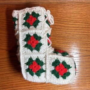 VTG Granny Square Christmas Boot Stocking 10" Handmade Crochet Xmas MCM Kitschy